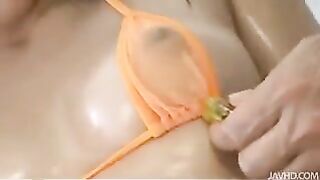 A whale in a bikini is gently prepared for sex with toys and bondage