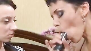 A mom is giving a lesson to her Russian daughter in blowjob