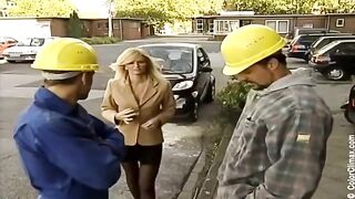 Girl in black pantyhose gets fucked on the set