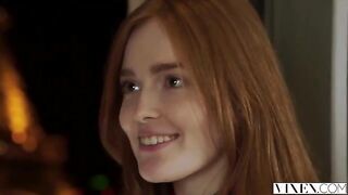 The man thoroughly licked the red-haired woman's bald head
