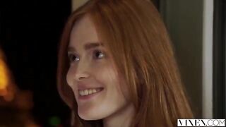 The man thoroughly licked the red-haired woman's bald head