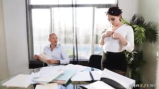 Two hot coworkers having fun with their boss in the office