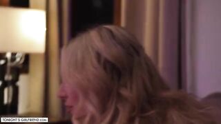 A busty blonde porn star Kayley Gunner gave a foot job through stockings to her fan