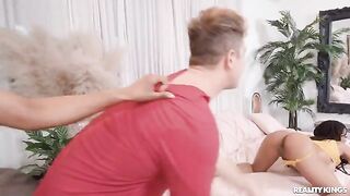 Two cute girls and a guy in a threesome sex with roommates