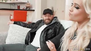 A hot woman in heels is fucking with her husband on the couch