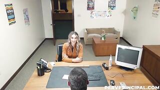 The druggie is fucking on the table in front of her boss
