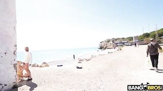 Bald guy fucked in ass by girl on the public beach