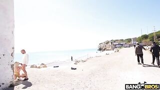 Bald guy fucked in ass by girl on the public beach