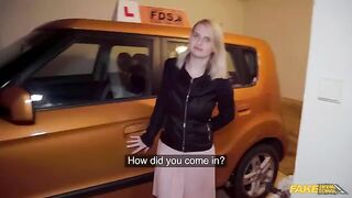 The huge cock of the blonde in the car stretches big tits
