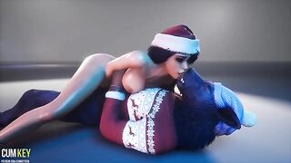 A curvy girl is fucking with a hot werewolf on Christmas day