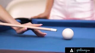 A busty MILF, Lexi Luna, teaches a younger woman, Nia Nacci, how to play pool and more