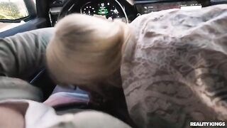 A sweet chick caresses her boyfriend’s dick and swallows it all