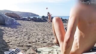 A guy was caught wanking on a nudist beach by some girls