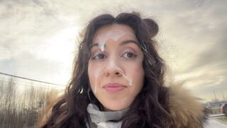A man had a cumshot on his face while walking around the street