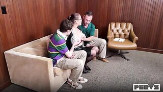 A girl solved her problems with a guy on the couch comfortably