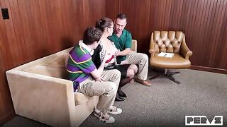 A girl solved her problems with a guy on the couch comfortably