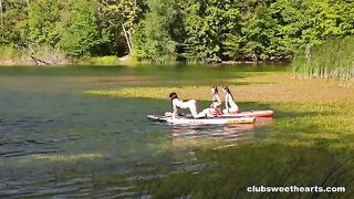 Beautiful lesbians have fun in the park, imitating others