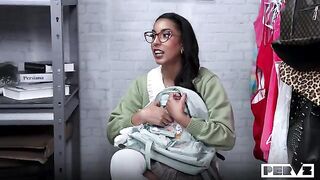 A girl is allowed to inspect her pussy with a guard