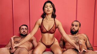 The hands of the guys work in sync, and they moan in unison