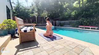 A big-breasted mom is having fun with her son by the pool