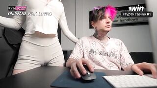 A girl rubs her clit on the table and squirts