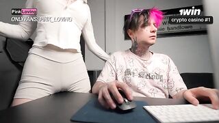 A girl rubs her clit on the table and squirts