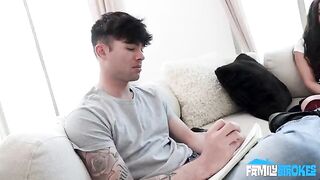 A brunette woman from the first person does a blowjob and chokes on her thick spit