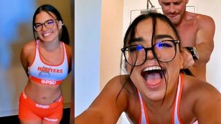 Babe from Hooters gets fucked hard in the kitchen after her shift