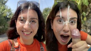 A beautiful cumslut gets her face covered in sperm while out walking