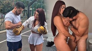 The pretty girl is having a hard workout with her personal trainer