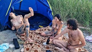 A game and sex by the woods with two stunning girls