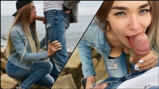 A hot blonde, Veronika Charm, is giving a skilled blowjob outdoors