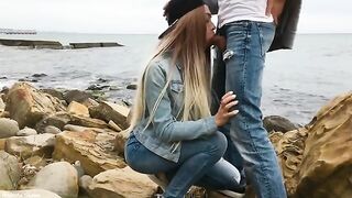 A hot blonde, Veronika Charm, is giving a skilled blowjob outdoors