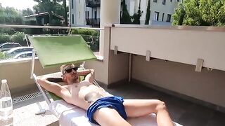 A beautiful Italian girl is giving a blowjob on the balcony of her luxurious villa