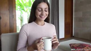 A hot brunette comes for tea and ends up with a big cock