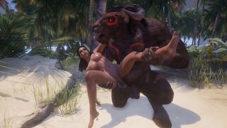 A big-breasted girl is being fucked by two monsters