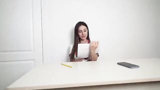 The student drew a dick because of concern for her teacher, she got cream on her pussy
